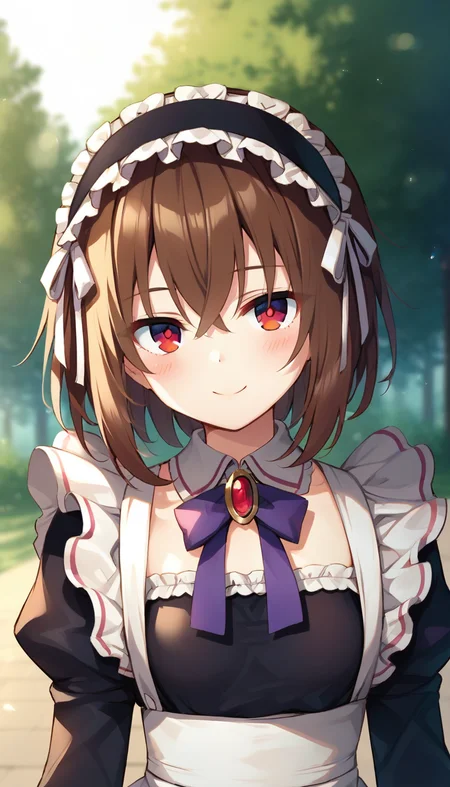 score_9,score_8_up,score_7_up,score_6_up BREAK official art,solo,outdoors,upper body,(portrait:1.5),looking at viewer,facing viewer,smile,blush,Shary Corvette,maid headdress,medium hair,brown hair,hair between eyes,red eyes,black bow,jewelry,brooch,purple ribbon,juliet sleeves,long sleeves,puffy sleeves,wide sleeves,small breasts,maid apron,white apron,frilled apron,black dress,white pantyhose,mary janes,<lora:Shary Corvette(sgmt)-Pony:1.2>,