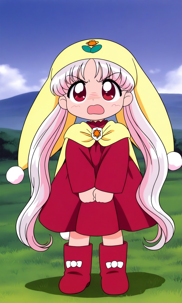 general,highres, ultra-detailed,very aesthetic,best quality ,best hands, BREAK <lora:Princess_Silver_Crayon_Oukoku_Ver2.0_IS:0.9>
Silver_Oujo(Crayon_Oukoku), 1girl, solo, long hair, white hair, pink hair, red eyes,
yellow headwear, twintails, parted bangs,
red dress, boots, pom pom (clothes),
disdain,
full body, open mouth, red dress, 
long sleeves, red footwear, v arms, 
hair bun, standing,
grass, sky, fantasy,