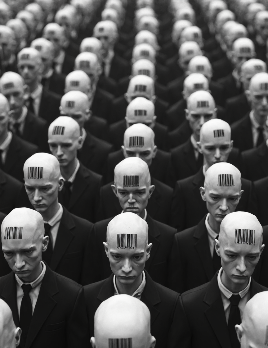  a dystopian and dehumanizing vision of a large crowd of identical bald figures, all with barcodes printed on their heads. The figures appear expressionless, and the black-and-white color scheme adds a stark, cold tone to the scene. 
The barcodes stamped on their heads suggest themes of commodification, control, or loss of personal identity, symbolizing that they may be treated as products  rather than unique individuals. The crowd is densely packed, reinforcing a sense of uniformity and conformity, while the absence of color evokes a bleak, controlled environment.