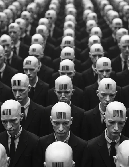 a dystopian and dehumanizing vision of a large crowd of identical bald figures, all with barcodes printed on their heads. The figures appear expressionless, and the black-and-white color scheme adds a stark, cold tone to the scene.
The barcodes stamped on their heads suggest themes of commodification, control, or loss of personal identity, symbolizing that they may be treated as products rather than unique individuals. The crowd is densely packed, reinforcing a sense of uniformity and conformity, while the absence of color evokes a bleak, controlled environment.