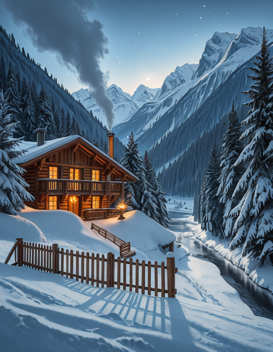 A stunning winter scene in the Tyrol region of Austria. A charming wooden chalet with traditional alpine architecture stands on a gentle snow-covered slope, surrounded by dense evergreen forests blanketed in fresh snow. The chaletâs warm interior lights glow softly through its large windows, creating a cozy contrast against the cool twilight hues of the sky. A plume of smoke drifts from the chimney, hinting at a roaring fireplace inside. In the foreground, a small wooden fence is partially buried under the snow, while a frozen river winds through the valley, reflecting the moonlight. Towering, snow-capped peaks of the Austrian Alps dominate the background, adding a breathtaking sense of grandeur. Snowflakes gently fall, adding movement and depth to the peaceful, picturesque scene. The image is hyper-realistic, capturing the intricate textures of the wood, snow, and ice, with cinematic lighting that highlights the magical winter ambiance.
<lora:SDXLFaeTastic2400:0.4> <lora:extremely_detailed:0.4> extremely detailed,winter scene in the Tyr0l, <lora:winter_scene_in_the_Tyr0l-i:1>, Masterpiece,best quality,hi res,8k,hi res,8k,award winning,(sharp focus, intricate, highly detailed),