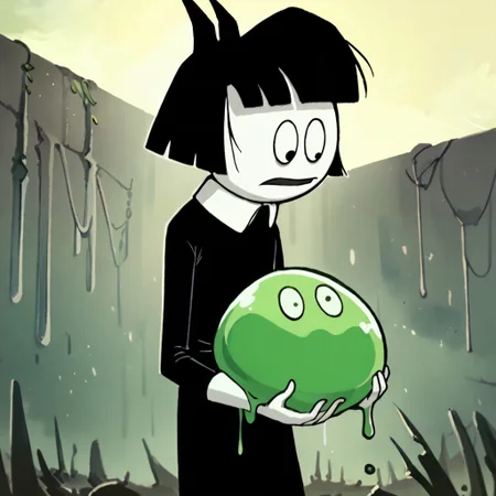 score_9, score_8_up, score_7_up BREAK CrepSus, 1girl, black hair, black bob cut, blunt bangs, black eyes, pale skin, black bow, white-collared long black dress, holding green slime, slime everywhere, entranced happiness,