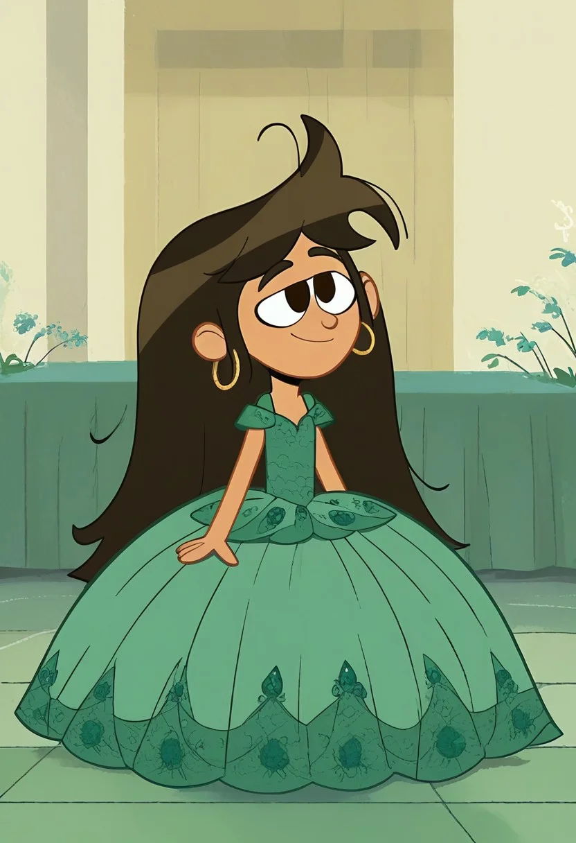 score_9_up, score_8_up, BREAK, 1girl, solo, 1girl, solo,
libby, tan-skinned female, brown hair, long hair, messy hair, brown eyes, droopy eyes, long green dress, crinoline green ball gown, green floor length quinceanera dress, hoop dress, hoop skirt, full body, green princess dress, light smile,