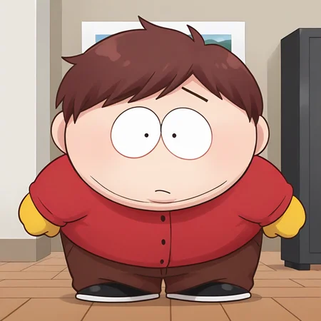 best quality, amazing quality, masterpiece,BREAK  <lora:cartman-v1-15:0.9> spcart, 1boy, (chibi:0.5), overweight, 
, [brown hair|blue beanie], red sweater jacket, brown pants, black shoes, yellow gloves, 
, indoors, aged_down, straight-on,