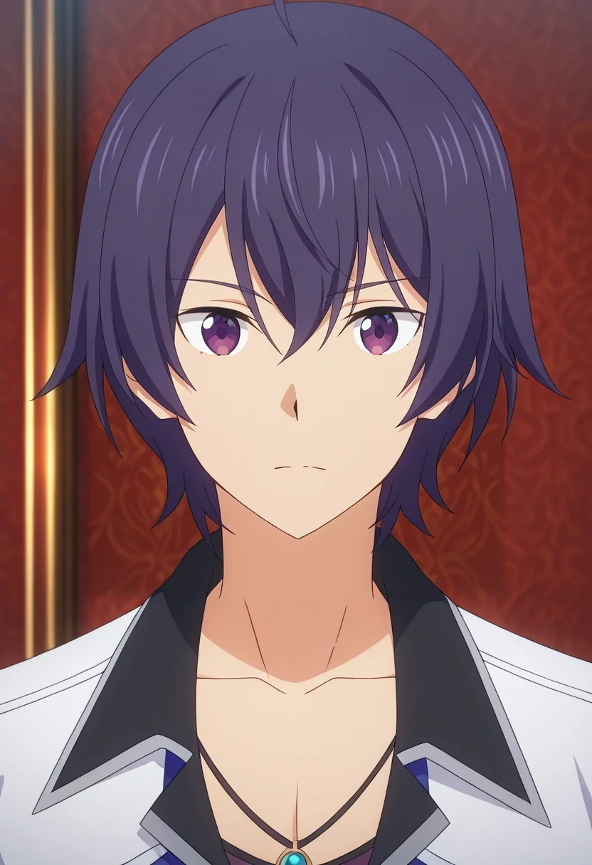 masterpiece, best quality, intricate details, anime screencap, anime coloring, official style, looking at viewer, 1boy, solo, male focus, <lora:shin_wolford_ilxl:0.98>, shin_wolford, purple hair, purple eyes, short hair, ahoge, hair between eyes, ,