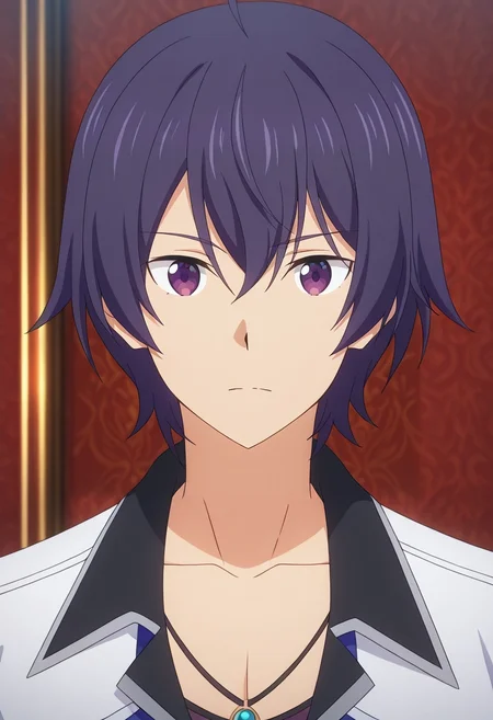 masterpiece, best quality, intricate details, anime screencap, anime coloring, official style, looking at viewer, 1boy, solo, male focus, <lora:shin_wolford_ilxl:0.98>, shin_wolford, purple hair, purple eyes, short hair, ahoge, hair between eyes, ,
