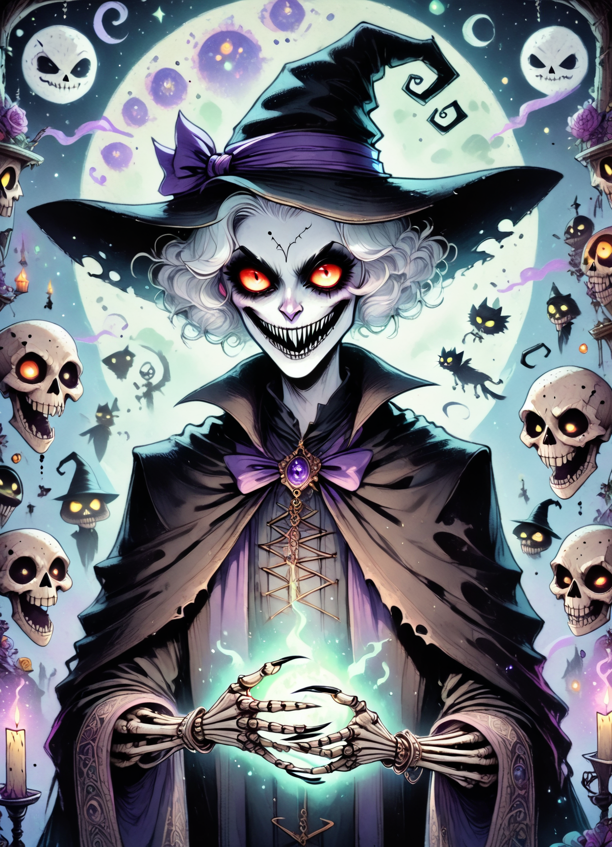 DonMM4g1c4c4d3myXL, score_9, score_8_up, score_7_up, score_6_up, witching hour spooky witch sinister carnival monster eye pops black cats malevolent smile haunted chandeliers skeleton key visiting haunted locations,  rating_safe  <lora:DonMM4g1c4c4d3myXL-pony:0.8>