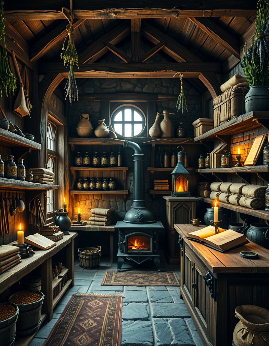 A highly detailed, realistic photograph of a medieval-style general store inspired by Skyrim, captured in soft, natural lighting. The interior features wooden beams and stone walls, aged and weathered, with shelves overflowing with various items: leather-bound books, glass potion bottles glowing faintly in green and blue hues, sacks of grains, and woven baskets filled with herbs. In the corner, a rustic fireplace crackles gently, casting warm, golden light across the room. Weapons like iron swords and steel daggers hang neatly on a wooden rack behind the counter, while a fur rug covers part of the worn wooden floor. On the wooden counter lies a small pile of gold coins beside an old ledger, with a candle burning low. The window shows a misty, pine-filled landscape outside, with soft daylight filtering through. The atmosphere feels cozy, immersive, and authentically Nordic, with rich textures, muted earthy colors, and a slightly cinematic fantasy style. No people are present, only the quiet ambiance of a world at rest.
<lora:SDXLFaeTastic2400:0.4> <lora:extremely_detailed:0.4> extremely detailed,<lora:skyrim_general_st0r3:1>,skyrim general st0r3, Masterpiece,best quality,hi res,8k,hi res,8k,award winning,(sharp focus, intricate, highly detailed),