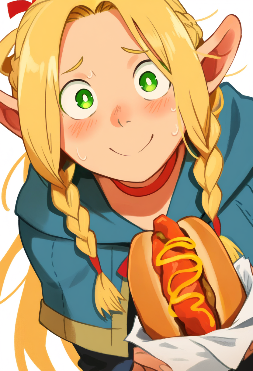 khyleri,
best quality, amazing quality, very aesthetic, absurdres,
BREAK
1girl, solo, (portrait, upper body:1.2), standing, holding food, two-handed, (symmetry:0.4),
[hot dog:sandwich:0.5],
marcille donato, pointy ears, green eyes,
blue capelet, red choker,
looking at viewer, embarrassed, blush, looking at viewer, nervous smile,dutch angle, leaning forward,
narrow waist, [ :fingernails, white pupils:0.5],
hair ribbon, lettuce,
simple background, white background,   <lora:KhyleriNoobLocon_byKonan:1>