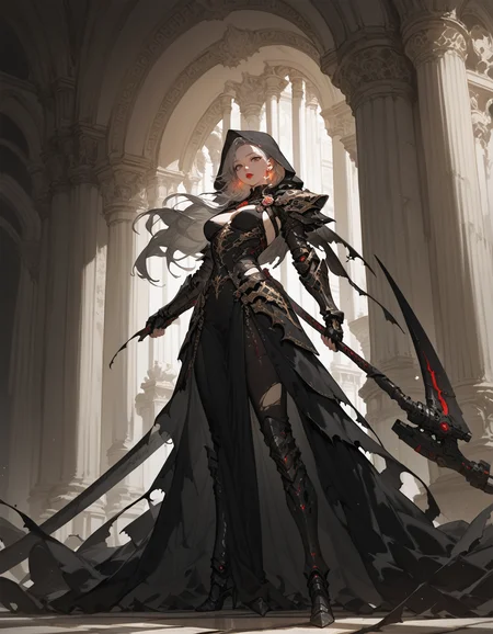 (score_9,score_8_up,score_7_up),glowing style, 1girl, solo, long hair, earrings, black dress, holding weapon, standing, grey hair, fingerless gloves, holding scythe, full body, parted lips, black gloves, looking at viewer, indoors, gauntlets, hood up, pillar, long dress, torn, red lips, brown eyes, breasts,,<lora:glowing_style_XL_16E_GPmixV_V1.7:1>