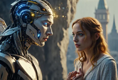 score_9, score_8_up, score_8,
A stunning hyper realistic scene unfolds, highlighting the contrast between a celestial angel and a beautiful young woman. 2girls
(The angel is a breathtaking fusion of divine elegance and advanced technology, part human and part machine.) Its serene, humanoid face glows softly, with luminous eyes framed by intricate golden circuitry that pulses with an otherworldly light. Sleek, mechanical wings spread wide, blending gleaming metallic feathers with radiant, translucent energy. Its body is a flawless harmony of organic curves and robotic precision, emanating a divine aura that feels both protective and commanding.
((The young woman stands nearby, her natural beauty and humanity providing a stark yet harmonious contrast)). Her soft, expressive face is lit with awe as she gazes at the angel, her wide eyes reflecting its radiant glow. Her hands are clasped to her chest, and her hair flows gently. She appears delicate yet grounded, a symbol of human vulnerability and wonder.
The interaction between them is charged with emotion, the angel embodying a fusion of divinity and technology, while the woman represents pure human innocence and reverence. Together, they create a poignant moment of connection, bridging the mortal and the transcendent
concept art, realistic, Fantastical realism, digital painting, realistic, detailed, fine detail, photorealistic, realistic, hyper-detailed, professional photoshoot, Robotic