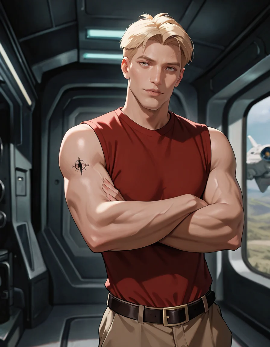 masterpiece, best quality, newest, perfect quality, best quality, detailed background, intricate details, male focus, realistic, <lora:Titan AE - Cale Tucker - Illustrious-000007:0.7>, titan_cale, 1boy, mature male, blonde hair, very short hair, hazel eyes, arm tattoo, sleeveless red shirt, spacecraft interior, belt, brown pants, standing, upper body, looking at viewer, contrapposto, muscular, crossed arms