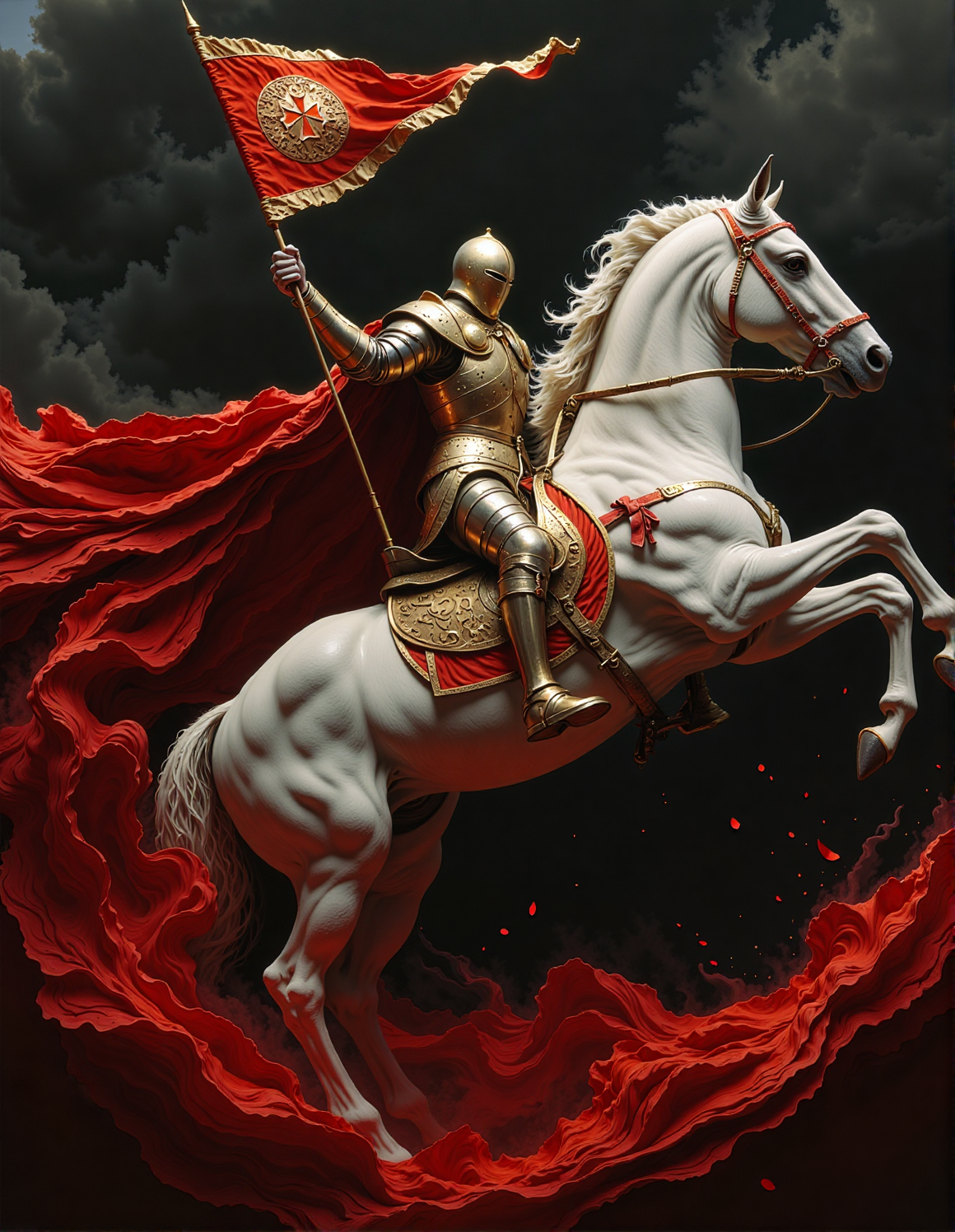 A medieval knight in shining silver armor rides a white horse rearing up dramatically against a stormy gray sky. The knight wields a long spear topped with a tattered, billowing red flag. A vibrant red cape streams behind him, its edges dissolving into swirling crimson mist. The horse bears a red cross on its flank. The scene is dominated by contrasting silver and deep red hues, with the background a turbulent mix of dark grays. Red petals or embers dance in the air, adding to the dynamic, almost ethereal quality of the image. The overall effect is one of heroic power and otherworldly majesty, <lora:flux.1_lora_flyway_Epic-detail_v2:1>, <lora:Elden_Ring_-_Yoshitaka_Amano:0.4>, <lora:fluxenhancer:0.4>