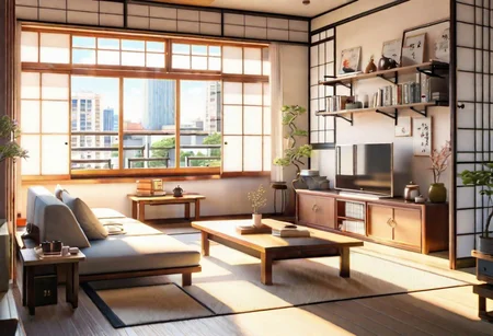 ((front view)), ((Japanese animation style)), modern-style interior, with white walls, (large windows), Nordic-style furniture, a  study, Sofa, coffee table, bookcase, single wall, 
warm light morning sun, (the view of the city)