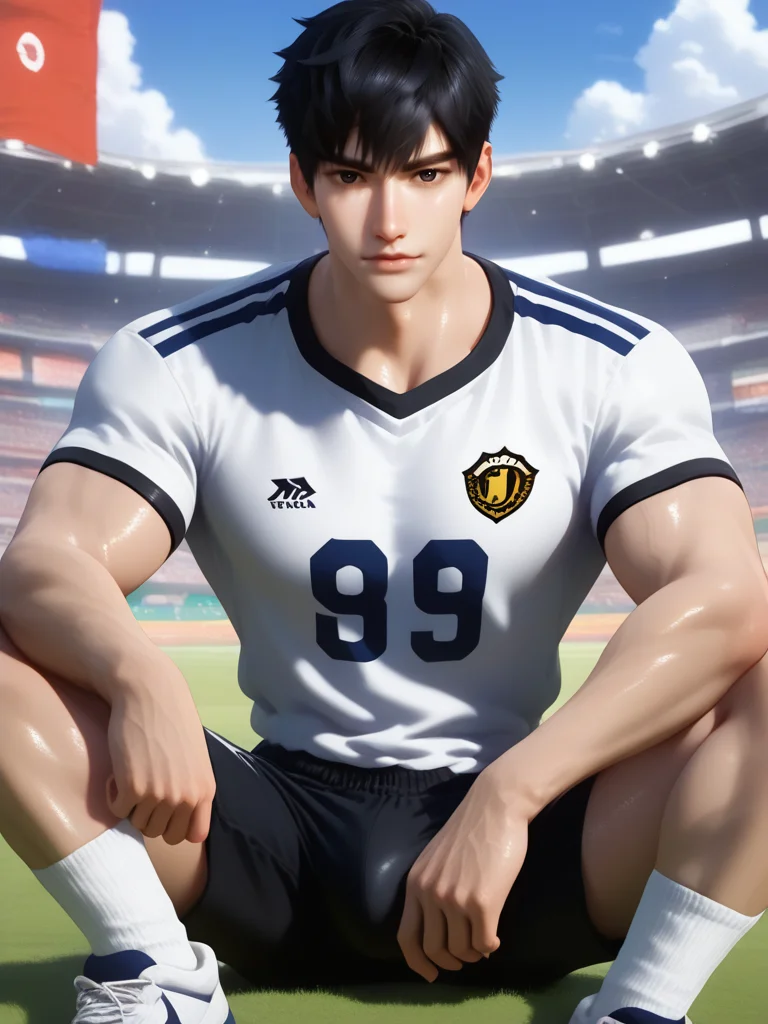 masterpiece,best quality,very awa,amazing quality,very aesthetic,absurdres,newest,newest,highres,absurdres,extremely detailed,best aesthetic,high resolution,photorealistic,semi-realistic,semi-realistic style,detailed features,detailed hair,realistic facial features,shiny skin,anatomy,perfect proportions,5fingers hand,detaile hand,3d style,blender Rendering,1boy,5toes BREAK solo,muscular male,black hair,black eyes,short hair,looking_at_viewer,from the front,outdoor,<lora:linqiye:0.8>,wearing white football uniforms,black shorts,linqiye,(sat on the grass:1.1),<lora:GoldenFieldsZho_Style:0.3>,<lora:dra_v0.2_cwhj:0.4>,<lora:illuxy illustrious style:0.5>,illuxy_style,goldenfieldszho,dra,sitting,detailed background,