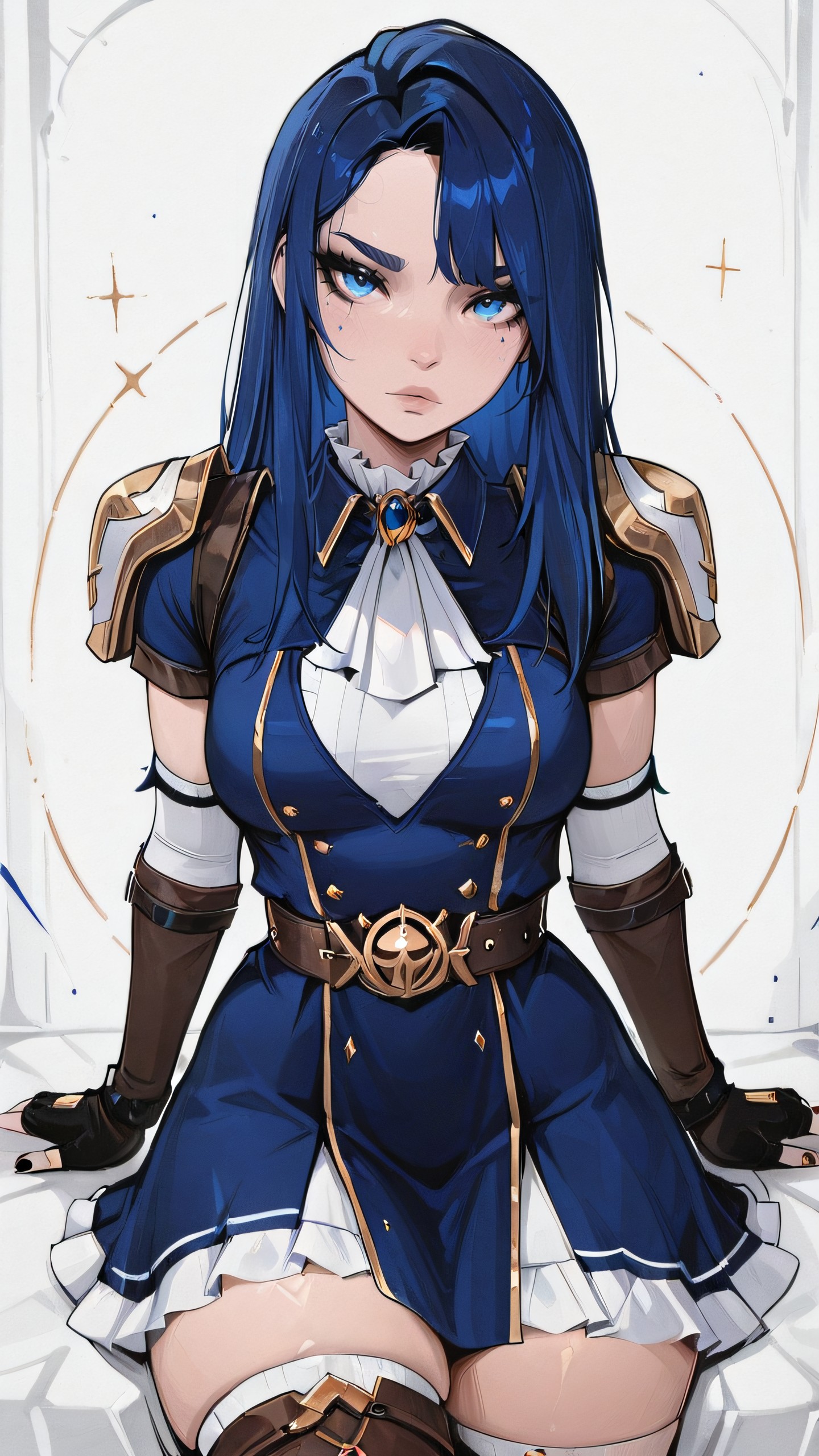 ,masterpiece,best quality,newest, <lora:Glamour_IL:1.1>  mcglam, style, 1girl, solo, <lora:ArcaneCaitlyn-IL-v1-07:0.8>, ChopioCaitlyn, blue hair, shiny hair, blue eyes, looking at viewer,
medium breasts, long blue hair, straight hair, parted hair, asymmetrical bangs, outfit_1, white ascot, brooch, blue dress, shoulder armor, short sleeves, elbow gloves, fingerless gloves, brown belt, frilled dress, thigh boots, brown footwear,