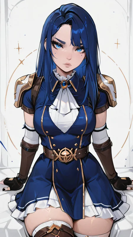 ,masterpiece,best quality,newest, <lora:Glamour_IL:1.1> mcglam, style, 1girl, solo, <lora:ArcaneCaitlyn-IL-v1-07:0.8>, ChopioCaitlyn, blue hair, shiny hair, blue eyes, looking at viewer,
medium breasts, long blue hair, straight hair, parted hair, asymmetrical bangs, outfit_1, white ascot, brooch, blue dress, shoulder armor, short sleeves, elbow gloves, fingerless gloves, brown belt, frilled dress, thigh boots, brown footwear,