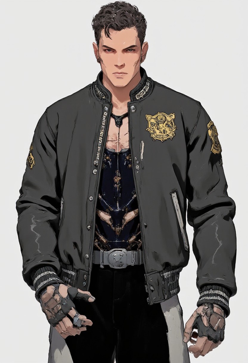 An Asian-Hispanic guy in his mid twenties with a short punk haircut. He is athletic and slim, wears a leather bomber jacket like in Top Gun and has a net running suit beneath it. He is cocky, and typically has a grin on his face belying his very serious demeanor.  The coat is a leather bomber jacket