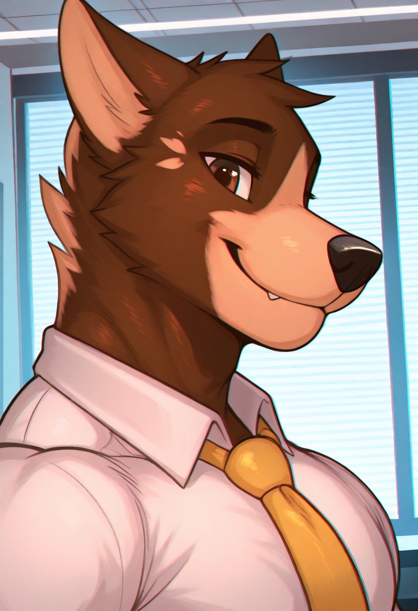 MizukiTNG, solo, furry, husky boy, smile, brown fur, tail, brown eyes, muscular, dynamic angle, face focus, portrait, white collared shirt, yellow necktie, unparalleled masterpiece, best quality, amazing quality, high resolution, chromatic aberration, detailed background, indoors, office, detailed fur, detailed muscles, side angle