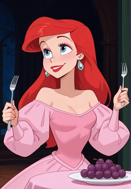 masterpiece, best quality, amazing quality, very aesthetic, absurdres, newest, detailed background,
ariel, 1girl, food, jewelry, red hair, earrings, fork, long hair, blue eyes, dress, fruit, solo, plate, makeup, lipstick, red lips, smile, puffy sleeves, holding fork, holding, pink dress, long sleeves, off shoulder, grapes, juliet sleeves, breasts,
dlh,
<lora:Ariel_-_Disney_Illustrious:1> <lora:DLH:1>, masterpiece, best quality, amazing quality, very aesthetic, absurdres, newest,
