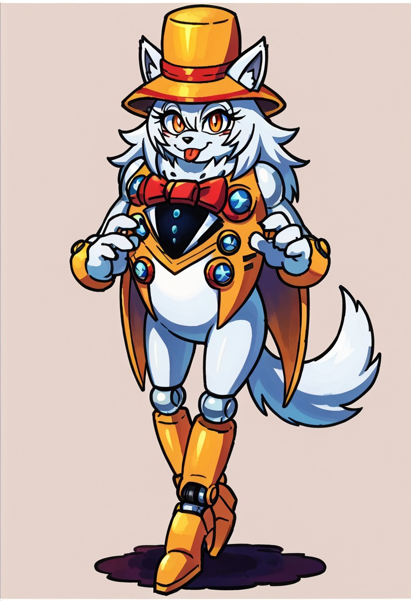 heavy magician, 1girl, female, robotic, magician, heavy magician, sonic mania, yistyle, watercolor, painting, clean, no blur, vector art, werewolf form, cute, kind, eyelashes, animal form, breast, wolf face, wolf body, feral, solo, skinny, sexy pose, sexy look, thin, feral, looking at viewer, side angle, smile, kind, sticking tongue out, solo