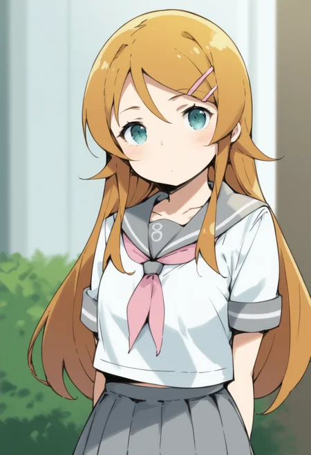 <lora:PONY-ç»-Sky Freedom:0.9> ,score_9, score_8_up, score_7_up, source_anime,solo,1girl,<lora:PONY-人-é«å æ¡ä¹:0.8>,kirino kousaka, long hair, blue eyes, hair ornament, hairclip, orange hair, aqua eyes,skirt, school uniform, serafuku, shirt, white shirt, grey sailor collar, grey skirt, pleated skirt, neckerchief, pink neckerchief,, uncensored,<lora:add-detail-xl:1>,<lora:Expressive_H-000001:0.8>