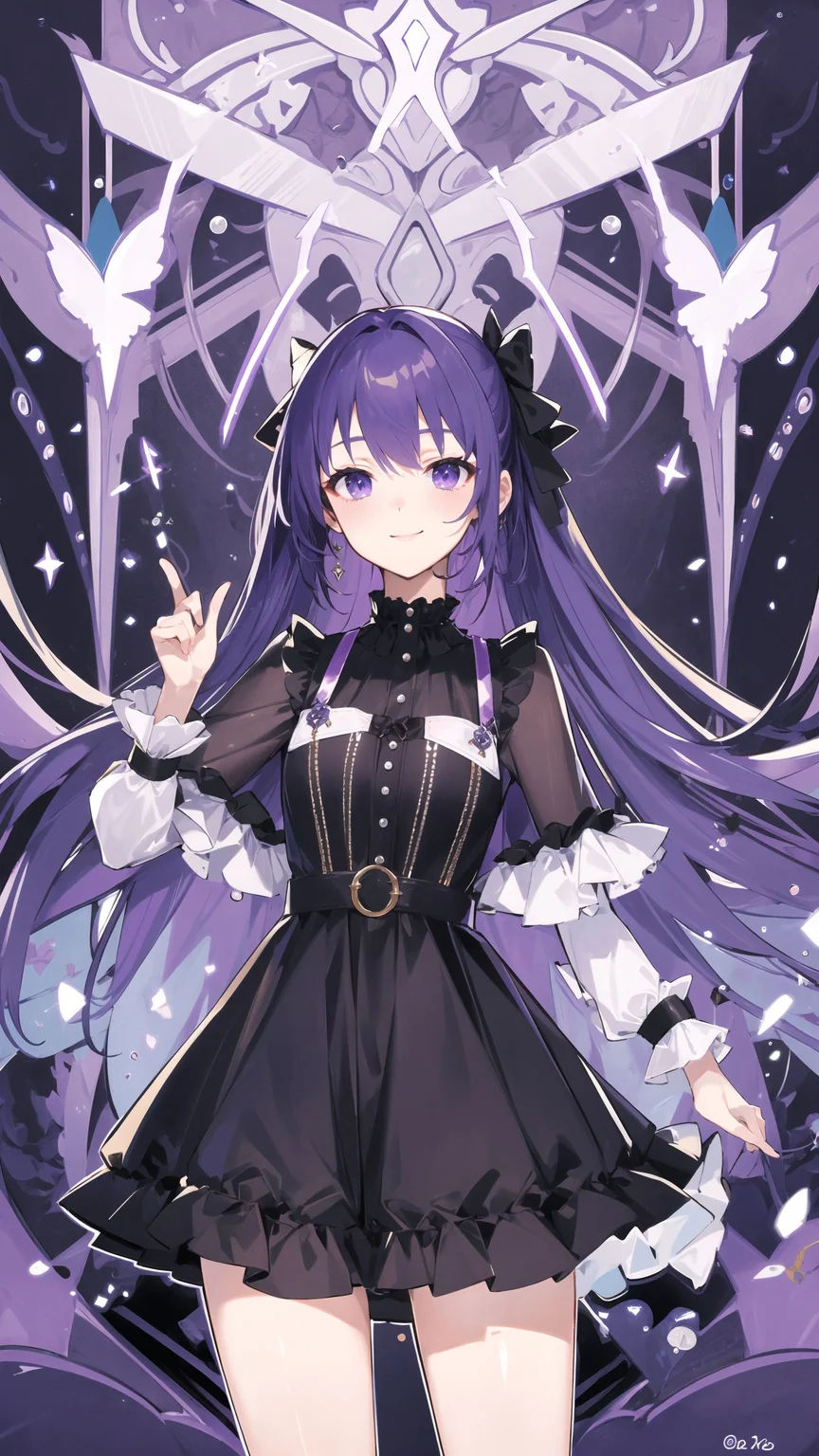 masterpiece, best quality, 1girl, solo, light smile, electricity, purple theme, alternate costume, <lora:animetarotV41:1>