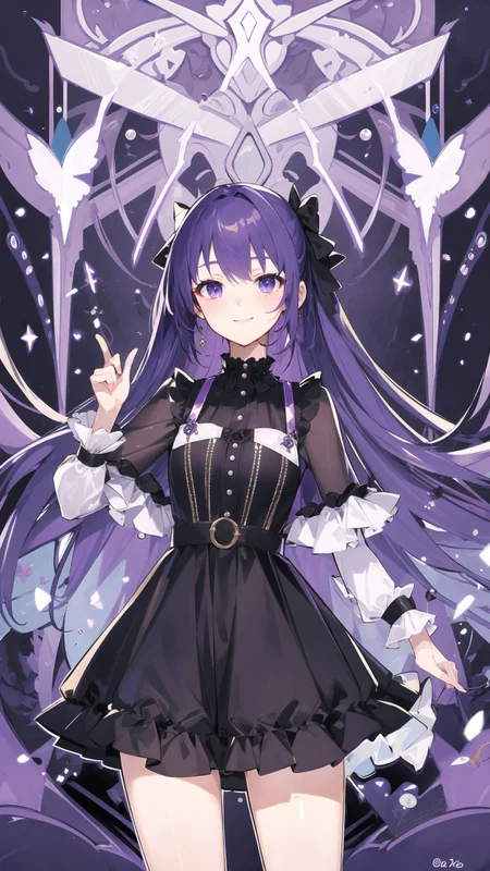 masterpiece, best quality, 1girl, solo, light smile, electricity, purple theme, alternate costume, <lora:animetarotV41:1>