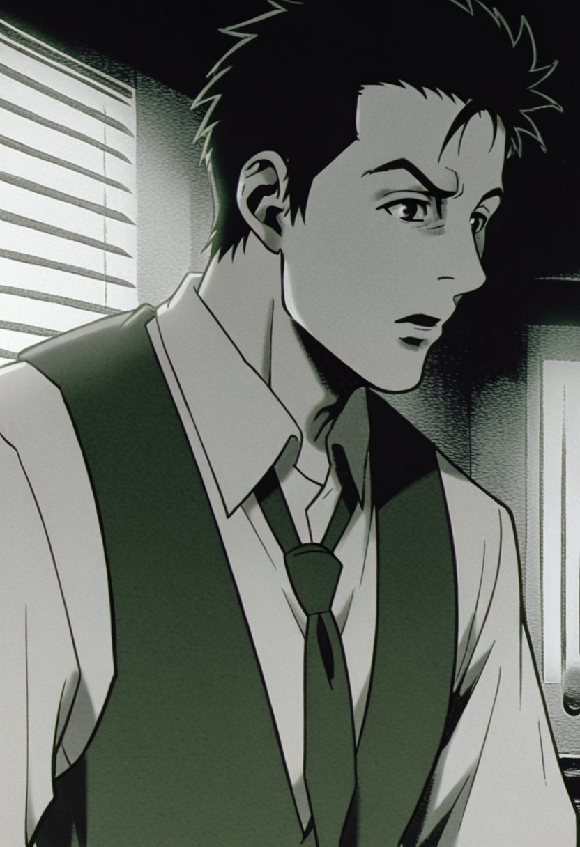 adsam, 1boy, male focus, necktie, vest, monochrome, shirt, short hair, lit_match, upper body, solo, collared shirt