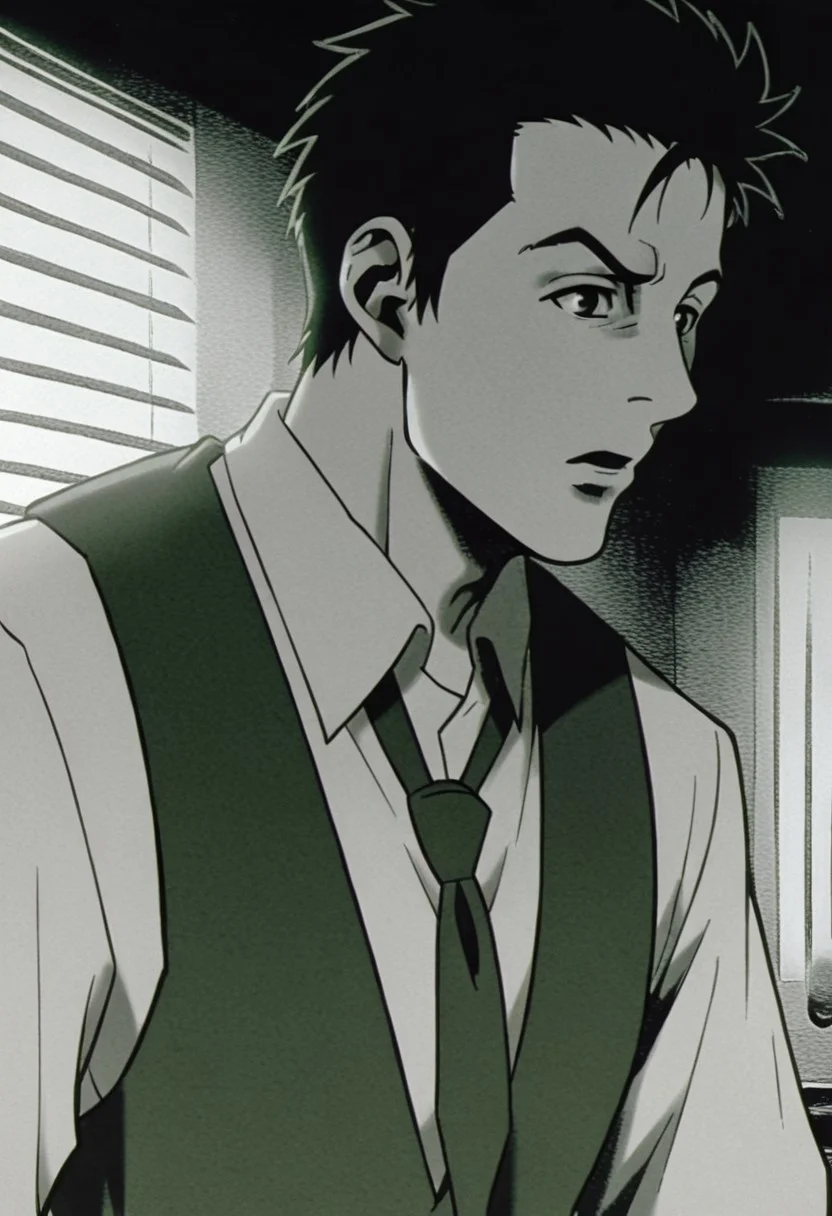 adsam, 1boy, male focus, necktie, vest, monochrome, shirt, short hair, lit_match, upper body, solo, collared shirt