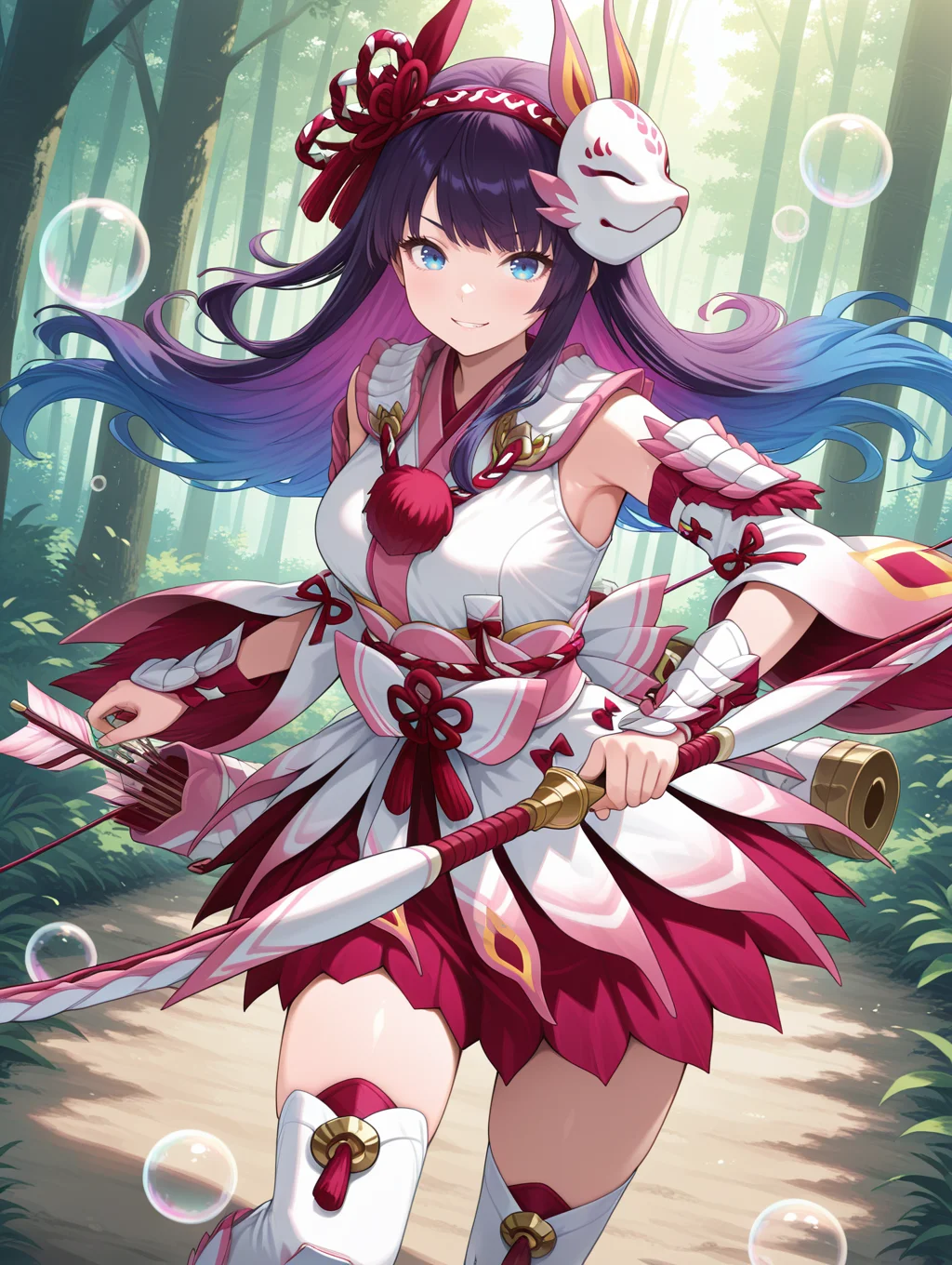 mizutsune gunner armor,1girl,solo,smile,purple hair,long hair,multicolored hair,looking at viewer,blue eyes,floating hair,shadow,closed mouth,blue hair,holding arrow \(projectile\),bow \(weapon\),holding bow \(weapon\),bubble,arrow \(projectile\),quiver,pink hairband,white kimono dress,pink sash bow,white detached sleeves,white vambraces,white thigh boots,forest,fighting stance,clenched teeth,drawing bow,
masterpiece,best quality,amazing quality,very aesthetic,absurdres,newest,<lora:Mizutsune Armor Beta illuXL v1:0.7>,