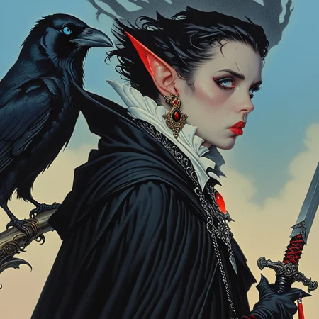 <lora:Hyperdetailed_Colored_PencilSDXL:1> ArsMJStyle, Colored pencil hyperdetailed realism, The image is an illustration of a woman with dark hair styled in a spooky and eerie manner. She is wearing a black cloak with a white collar and a red necklace with a large pendant. She has a pair of earrings and a necklace with red and gold accents. The woman is holding a large sword with a black bird perched on the handle. The bird is a crow with a long beak and is looking at the woman with a serious expression. The background is a pale blue sky with a hint of smoke or fog. The overall mood of the image is dark and mysterious., bird, pointy ears, jewelry, blue eyes, earrings, black hair, crow, solo, makeup, 1girl