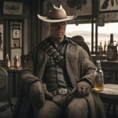 Dystopian style a bald cowboy with a hat have a beer in a saloon <lora:TheGhoul1024:0.8> . Bleak, post-apocalyptic, somber, dramatic, highly detailed