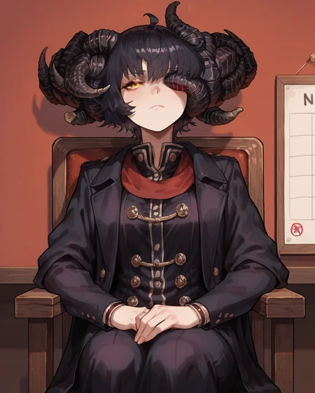 score_9, score_8_up, score_7_up, 1girl, teacher,sitting on chair, hands on coat, board, strict suit, sleep, puffed cheek, solo, horns, Mohg Lord of Blood, black hair, short hair, one eye, <lora:Mohg_Lord_of_Blood:0.7>