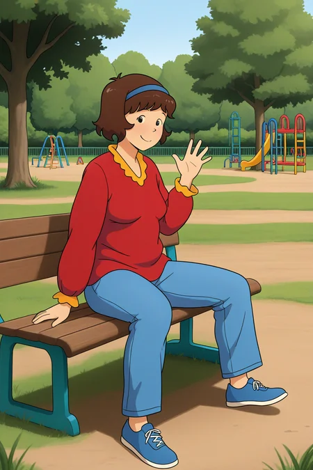 masterpiece, best quality, amazing quality, absurdres, solo, cailloudoris, smile, closed mouth, sitting, looking at viewer, waving, short brown hair, blue hairband, red shirt, blue pants, blue shoes, outdoors, playground, bench, tree, grass