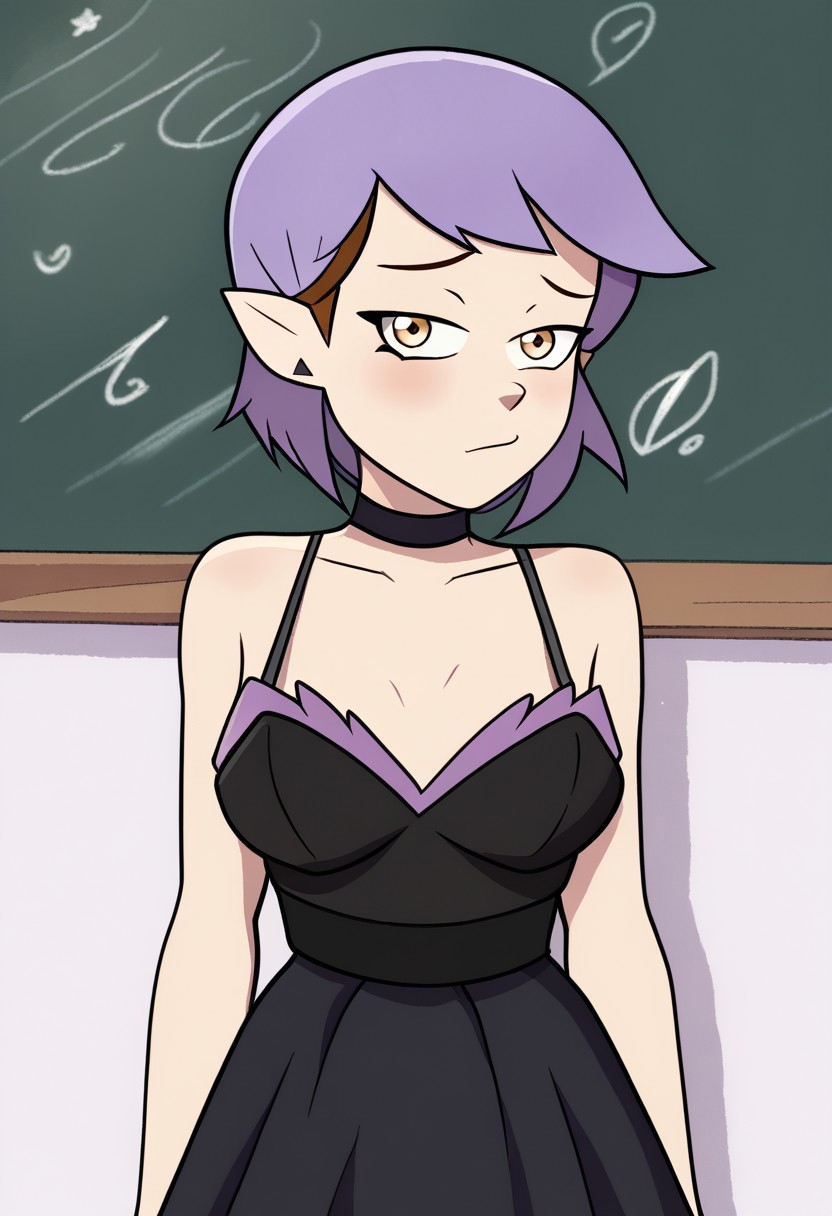 deadinsidestyle, chap, 1girl, solo, in front of black board, frilled_dress,