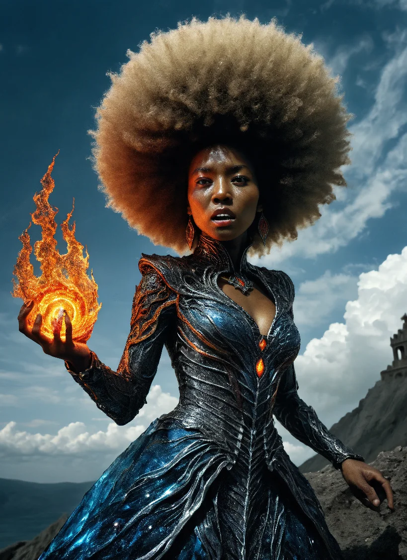 photo art Wonderful, intricate, (colorful, Afrofuturism art, black woman with the soul ethereal dragon spirit), black woman, 21 years old, large round afro, dark skin, large breasts, cleavage, tight short dress, ((dragon inspired clothes and jewelry with high details, blue and white and red and orange iridescent colors)), bright colors, fire and ice, clouds and flames, alchemist, alt_style, cinematic, 35mm film, 35mm photography, film, photo realism, DSLR, 8k uhd, hdr, ultra-detailed, high quality, high contrast, Orthogonal Side View, medium-shot, intricately detailed shoes, eyes open, dragon roaring, woman screaming<lora:detailed_notrigger> <lora:Pony_DetailV1.0> <lora:PonyLargeRoundAfro> <lora:Black_Woman_v3_e6>