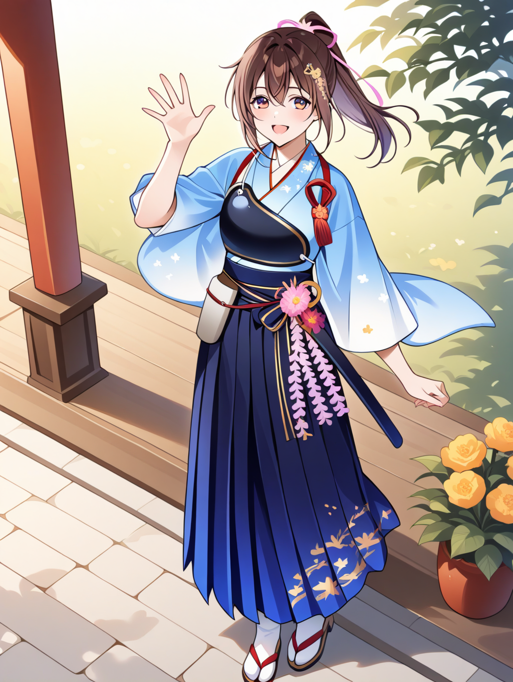 perfect quality,best quality,absolutely eye-catching,ambient occlusion,raytracing BREAK
1girl,<lora:houkyuu IL v1.1:0.8>,houkyuu,brown hair,ponytail,hair ornament,blue japanese clothes,blue print hakama,wide sleeves,muneate,flower,wide sleeves,solo,zouri,tabi,waving,from above,