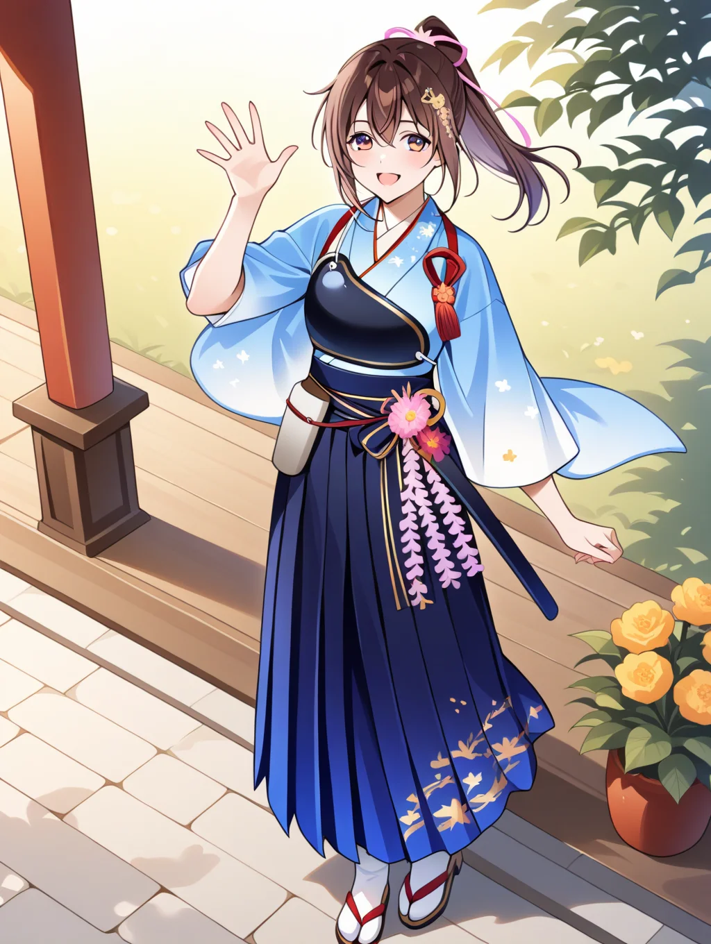 perfect quality,best quality,absolutely eye-catching,ambient occlusion,raytracing BREAK
1girl,<lora:houkyuu IL v1.1:0.8>,houkyuu,brown hair,ponytail,hair ornament,blue japanese clothes,blue print hakama,wide sleeves,muneate,flower,wide sleeves,solo,zouri,tabi,waving,from above,