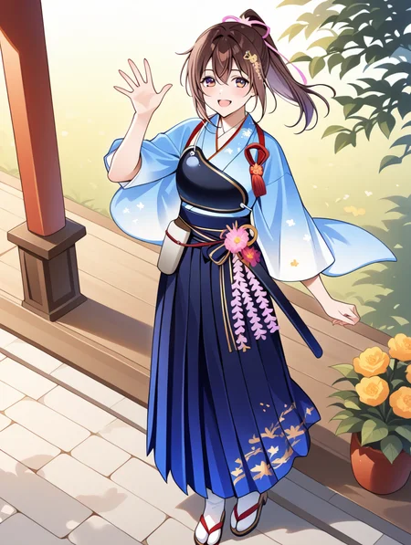 perfect quality,best quality,absolutely eye-catching,ambient occlusion,raytracing BREAK
1girl,<lora:houkyuu IL v1.1:0.8>,houkyuu,brown hair,ponytail,hair ornament,blue japanese clothes,blue print hakama,wide sleeves,muneate,flower,wide sleeves,solo,zouri,tabi,waving,from above,