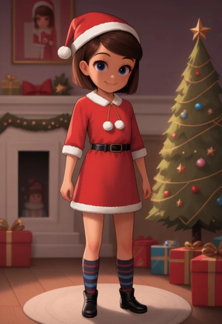 score 9, score 8 up, 1girl, solo, tabitha templeton, short hair, brown hair, blue eyes, santa Claus suit, black belt, santa Claus hat, skirt, striped socks, looking at viewer, smile, fullbody, interior, 2d, short, cute, source_cartoon, young, christmas tree, gifts,