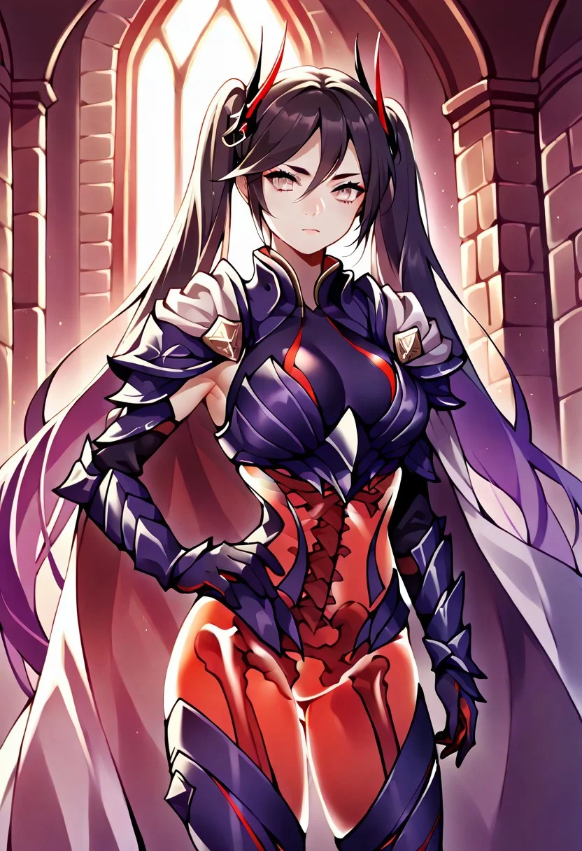masterpiece, best quality, 1girl, solo, horns, red body, see-through body, skeleton, zzMona, grey eyes, hair between eyes, black hair, hair ornament, long hair, purple hair, twintails, very long hair, armor, breastplate, shoulder armor, gauntlets, thigh boots, high heels, cape, looking at viewer, hand on hip, cowboy shot, indoors, castle, stone walls