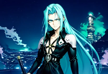score_9, score_8_up, score_7_up, asymmetrical composition, vaporwave, Lofi, Sephiroth looking impassive, facing viewer, posing for a portrait in front of ShinRa tower, shinra_hq, shoulder armor, ShinRa headquarters, night, city, smoke, fog, smog, smoke stacks, holding very long katana, long billowing black leather overcoat, pitch black starry sky, solo, beautiful, androgynous, flat chest, leather straps, broad shouldered, high contrast, industrial cityscape background, Netflix, Studio Trigger, ff7, uneven eyes