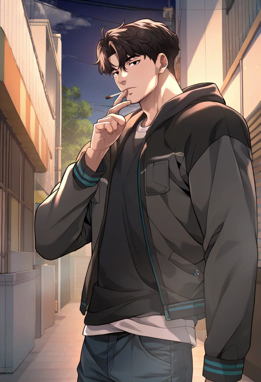 1boy, male focus, solo focus,
<lora:Character - Questism - Gu_HajunPony-10 (2):1> guhajun, short hair, black hair, black eyes, muscular, muscular male
((zPDXL)), score_9_up, score_8_up, score_7_up, score_6_up, score_5_up, score_4_up, best quality, amazing quality, best aesthetic, absurdres, year2023, uncensored, nsfw, official art, official style, depth of field, detailed eye,
outdoors, night, alley, shirt, jacket, smoking, open jacket,