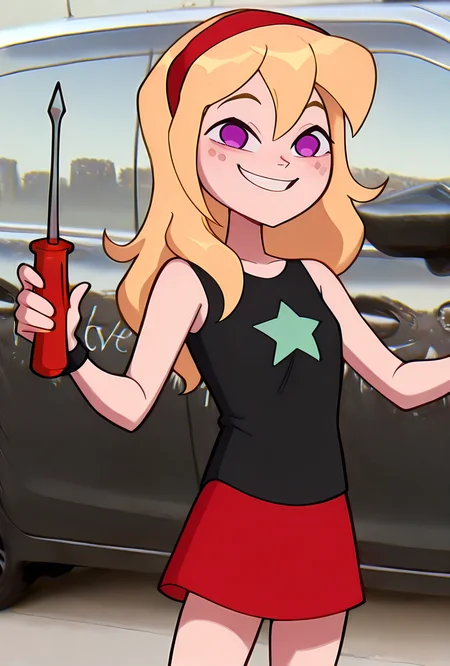 ((cartoon, screencap, )) <lora:lucysmall:1> lucysmall, solo, long hair, blonde hair, red hairband, black shirt, sleeveless, flat chest, star (symbol), purple eyes , tank top, wristband, miniskirt, red skirt, dynamic pose, expressive face, facial expression, <lora:I_love_my_dad_meme:1> i_love_my_dad, meme, holding screwdriver, screwdriver, looking at viewer, car, photo background, big smile,, masterpiece, best quality, amazing quality, very aesthetic, absurdres, newest,