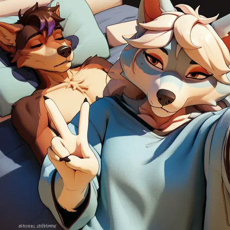 score_9, score_8_up, score_7_up, source_furry, furry, 1boy, 1girl, TGAS_meme, canine, fluffy, sleeping tired boyfriend, v sign selfie girlfriend