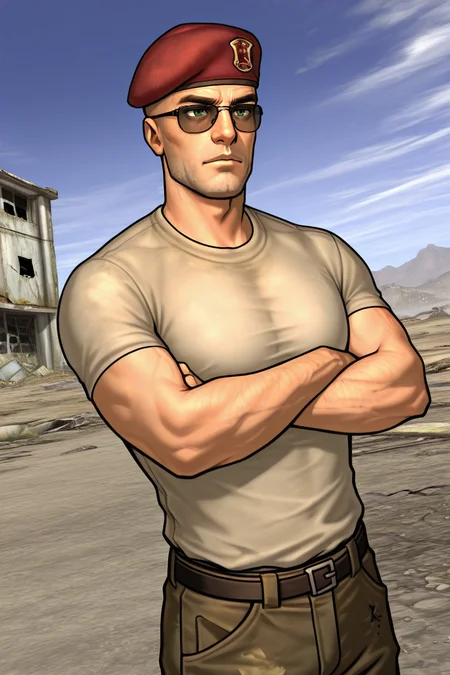score_9, score_8_up, score_7_up, score_6_up, perfect anatomy, perfect proportions, best quality, masterpiece, high_resolution, high quality, best aesthetic, incredibly absurdres, highres, extremely detailed, huge filesize, solo male, adult, mature, masculine, manly, handsome, charming, alluring, standing, upper body, dutch angle, cowboy shot, perfect face, source_game \(Fallout: New Vegas\), official style \(Fallout: New Vegas\), Craig Boone, FNVBoone, bald, green eyes, Boone_Outfit01, sunglasses, red beret, 1st Recon beret\(Fallout: New Vegas\), 1st Recon emblem\(Fallout: New Vegas\), white undershirt, short sleeves, brown military-esque cargo pant, combat boots, arms_crossed, dynamic angle, Fallout: New Vegas location, post-apocalyptic ruins, desolated landscape, dark blue sky