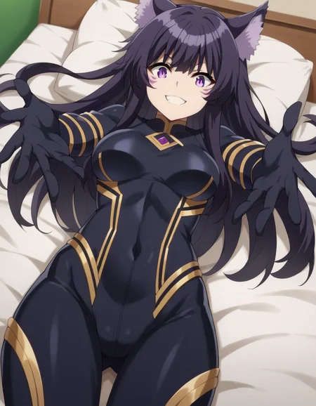 score_9, score_8_up, score_7_up, source_anime,
shadowdelta, <lora:shadow-delta-ponyxl-lora-nochekaiser:1>,
delta, long hair, black hair, animal ears, purple eyes, cat ears, animal ear fluff, facial mark, smile,
bodysuit, black bodysuit,
indoors, bed, bed room, on back, arm support, arms up, incoming hug, pov, reaching, reaching towards viewer,
looking at viewer, cowboy shot, dutch angle,