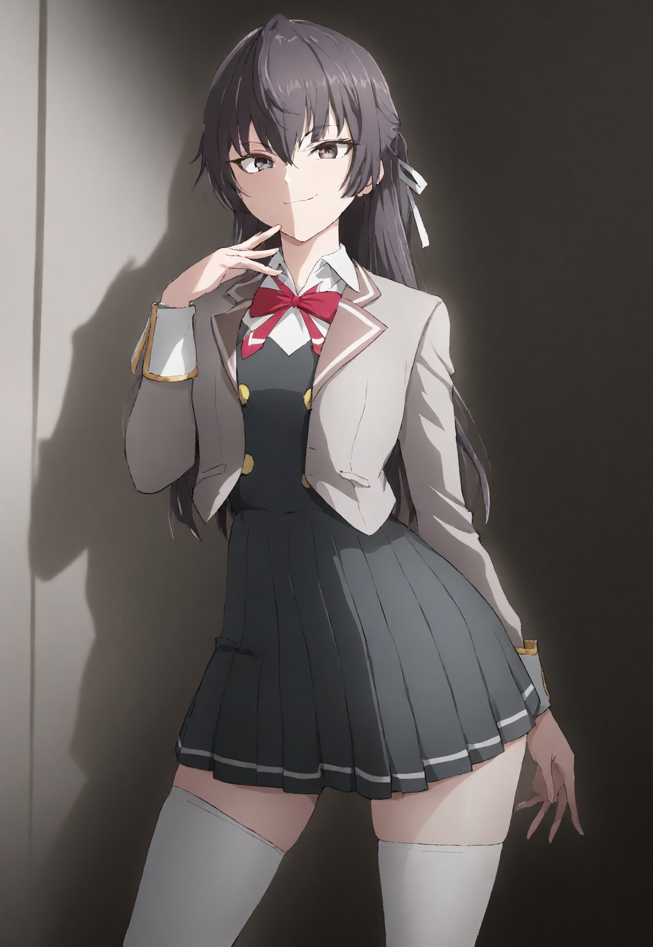 detailed, sinfully stylish, dramatic lighting, long shadows, soft light, contrapposto, anime, 1girl, solo, school uniform, dark grey pleated dress, grey jacket, white thighhighs, hair ribbon, staring at viewer, smiling, wide hips, standing, hip sway,