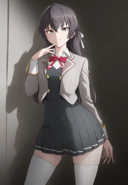detailed, sinfully stylish, dramatic lighting, long shadows, soft light, contrapposto, anime, 1girl, solo, school uniform, dark grey pleated dress, grey jacket, white thighhighs, hair ribbon, staring at viewer, smiling, wide hips, standing, hip sway,